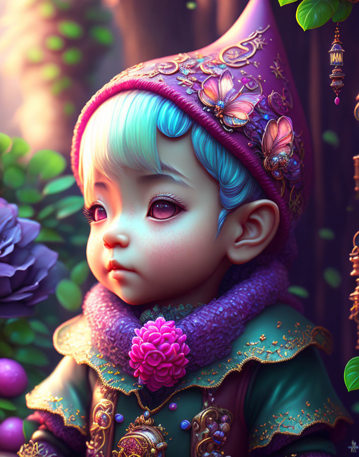 Child with Blue Hair in Purple Hat and Teal Outfit Surrounded by Greenery and Butterflies