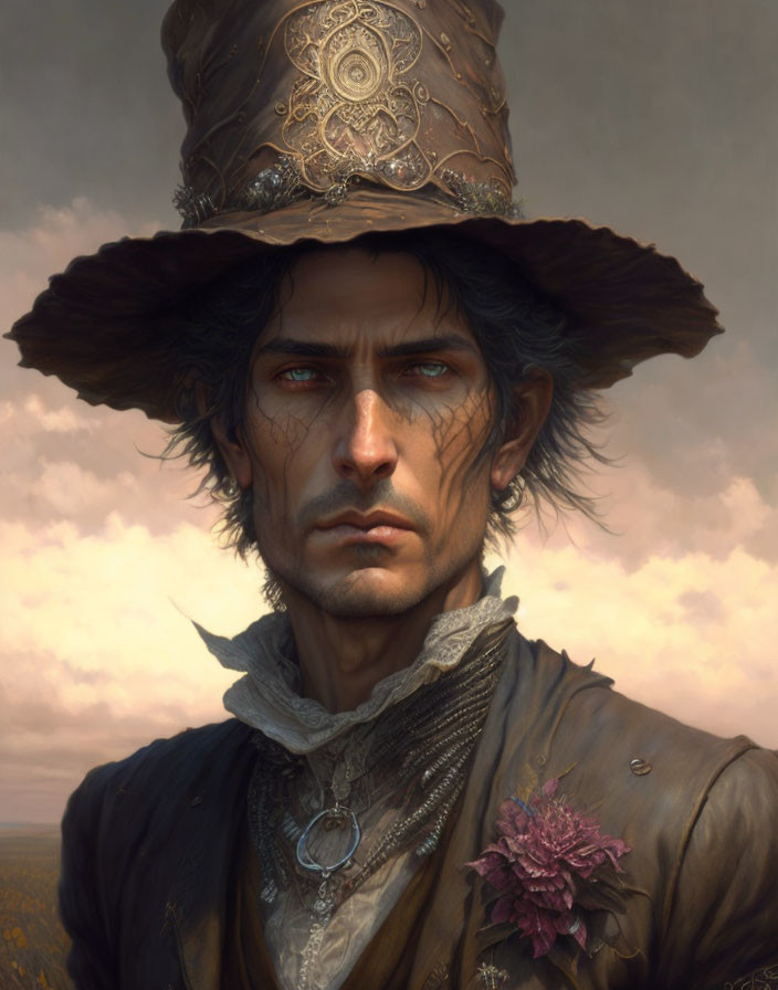 Digital painting of stern-faced man with dark hair, blue eyes, wide-brimmed hat, and