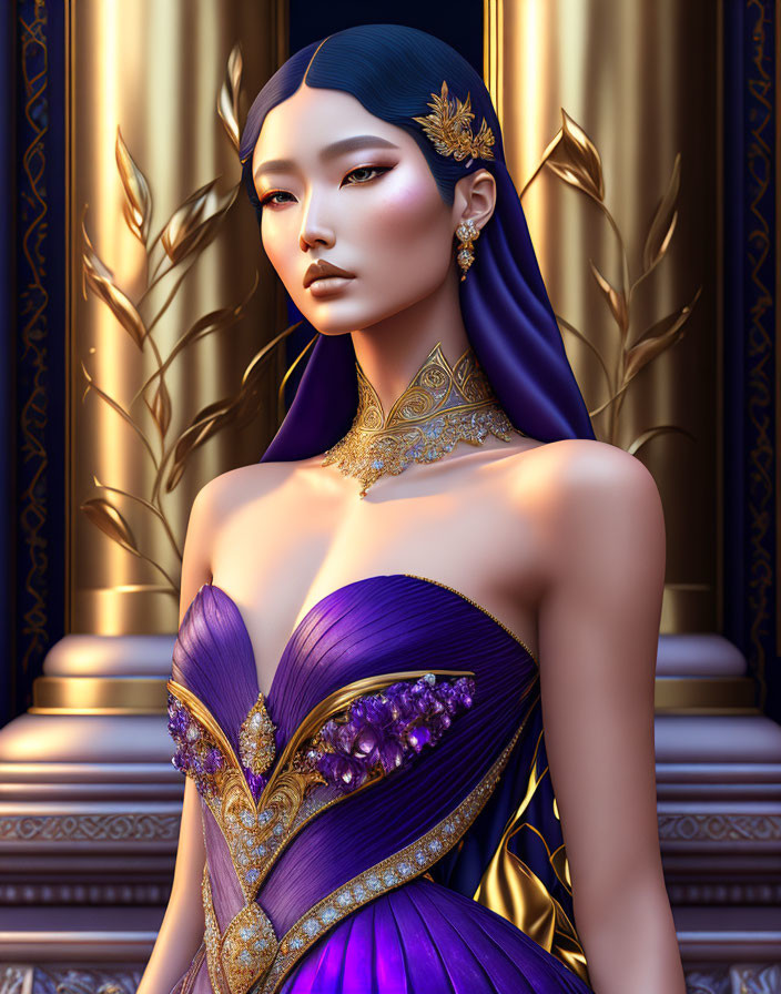 Majestic female figure in purple dress and golden jewelry on golden background