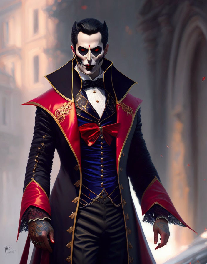 Stylized vampire illustration in elegant red and black cloak