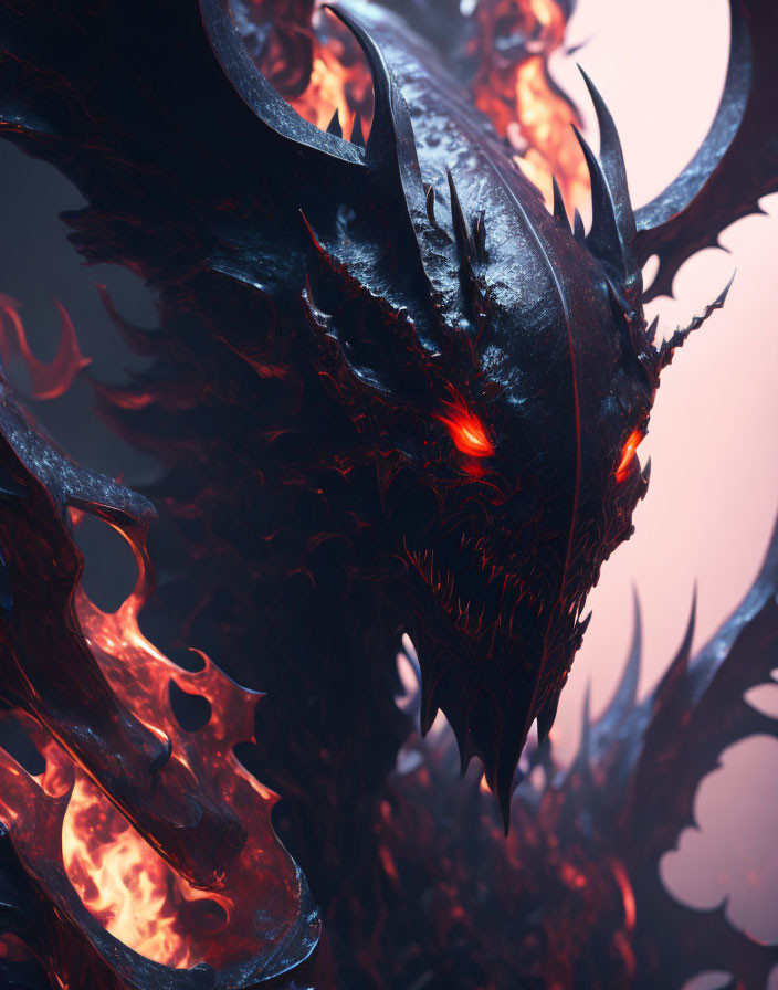 Glowing red-eyed dragon with fiery scales and eerie red backlight