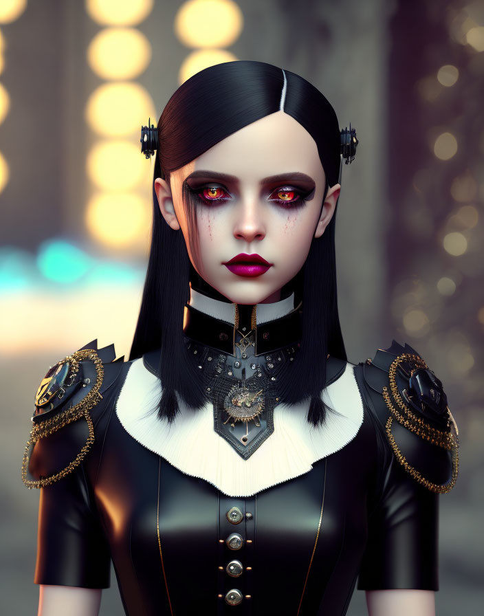 Digital artwork: Pale-skinned female in gothic attire with black hair and red eyes on bokeh
