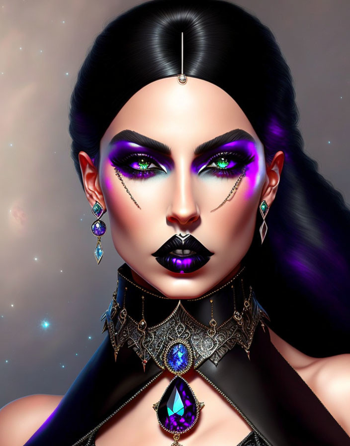 Portrait of Woman with Purple Eye Makeup and Black Lipstick on Starry Background