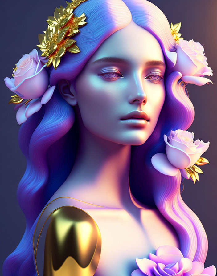 Colorful digital artwork of woman with blue and purple hair, golden leaves, and white roses on dark