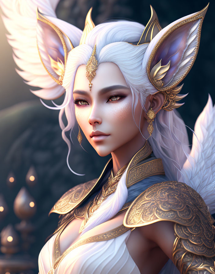 Fantasy character digital art with white fox-like ears and golden armor