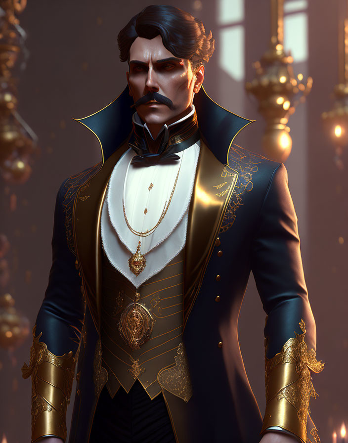 Regal man with mustache in Victorian attire and gold accents on dimly lit backdrop