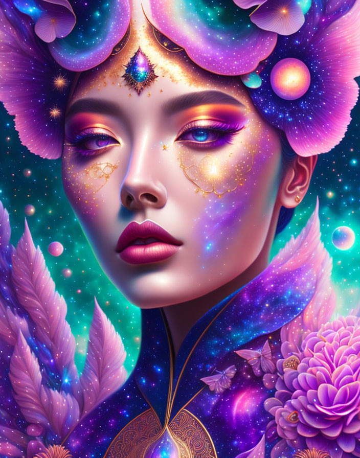 Cosmic-themed digital artwork of a woman with vibrant makeup and celestial accessories