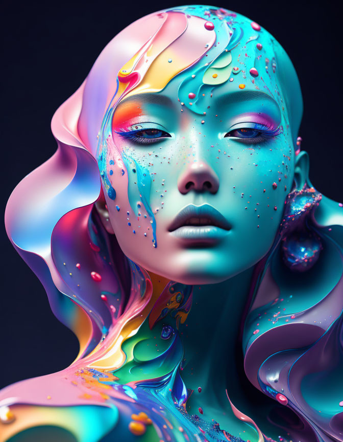 Vibrant surreal digital artwork of female figure with colorful paint-like shapes