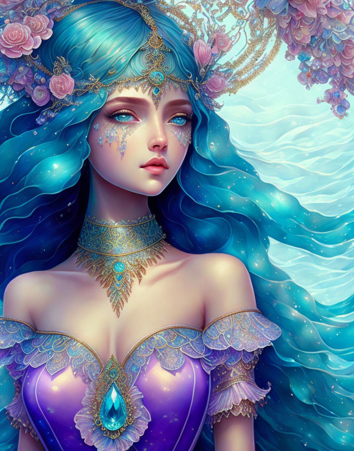 Fantastical artwork: Woman with blue hair and floral adornments in purple outfit on wavy blue