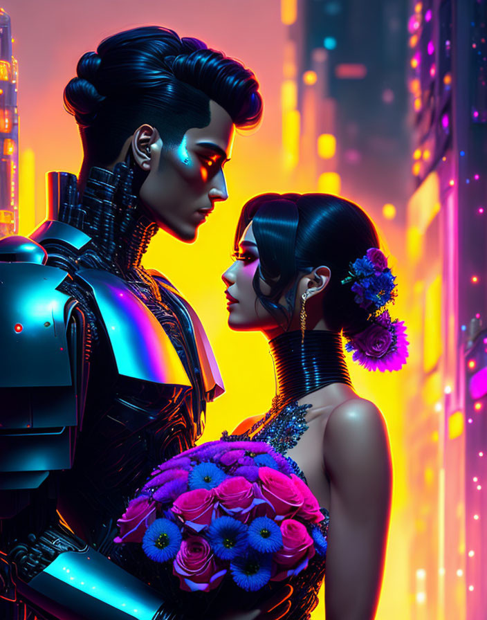 Male robot and female with flowers in futuristic cityscape.