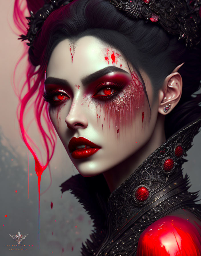 Digital artwork of woman with red eyes, dark headgear, and blood accents