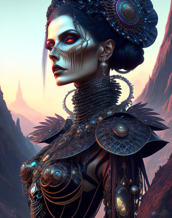 Digital Artwork: Woman with Gothic Jewelry & Makeup in Mountainous Setting