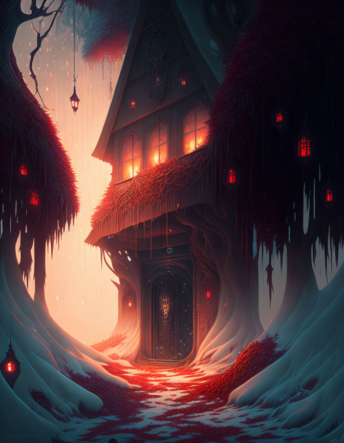 Mystical house with red windows in snowy forest with red lanterns