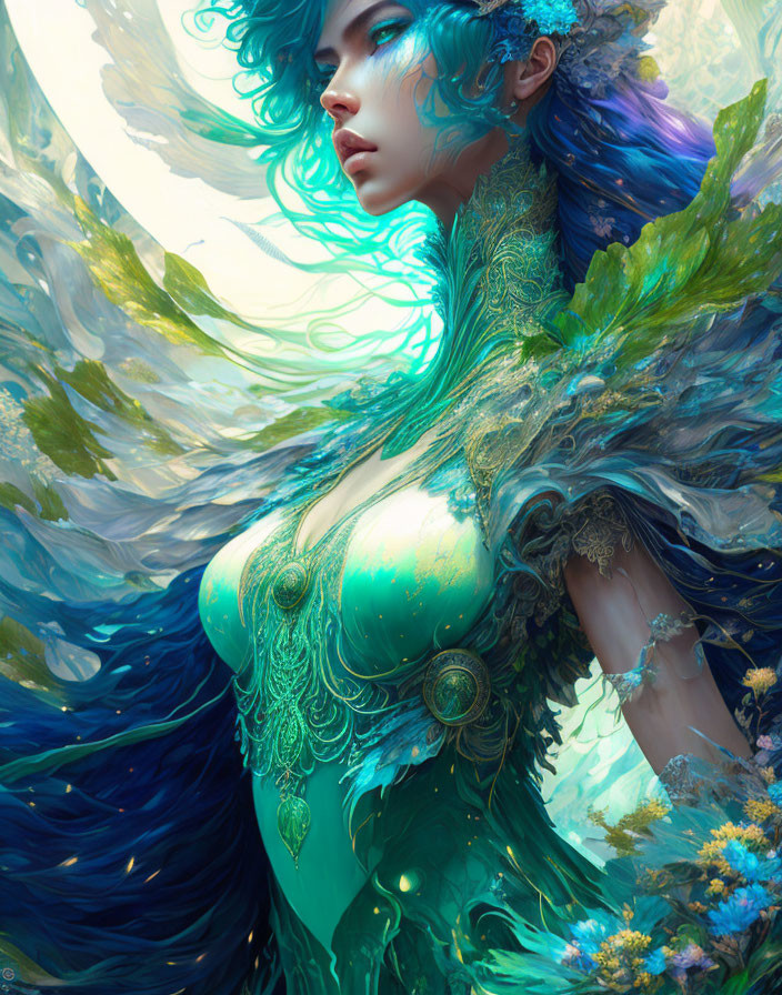 Ethereal woman with blue hair in teal and gold garments