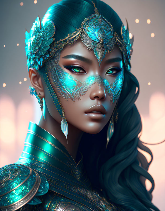 Dark-skinned woman in teal and gold fantasy armor with avian motifs and mystical aura