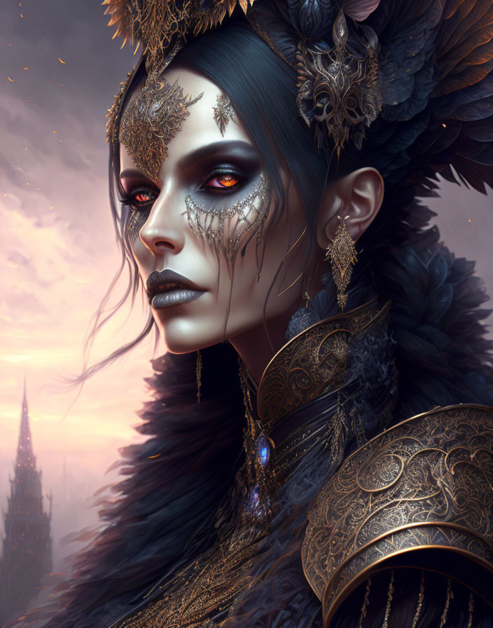 Illustrated female character with gold headpiece, dark feathers, and mystical ambiance