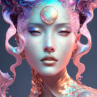 Digital artwork of woman with aquatic theme: flowing water hair, shimmering skin, blue & purple tones