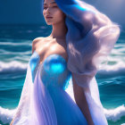 Fantastical woman with flowing blue hair and dress emerges from sparkling water