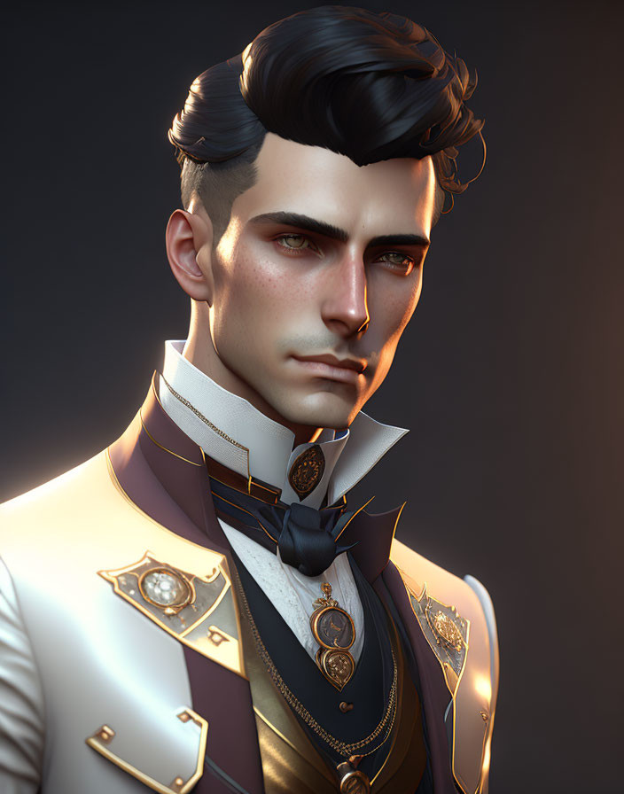 Stylized man in ornate white and gold military uniform on dark background