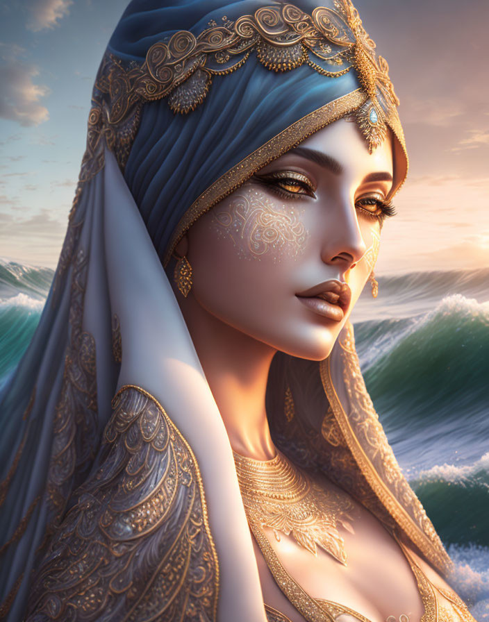 Digital Artwork: Woman with Gold Jewelry and Blue Headscarf by Ocean Waves at Sunset