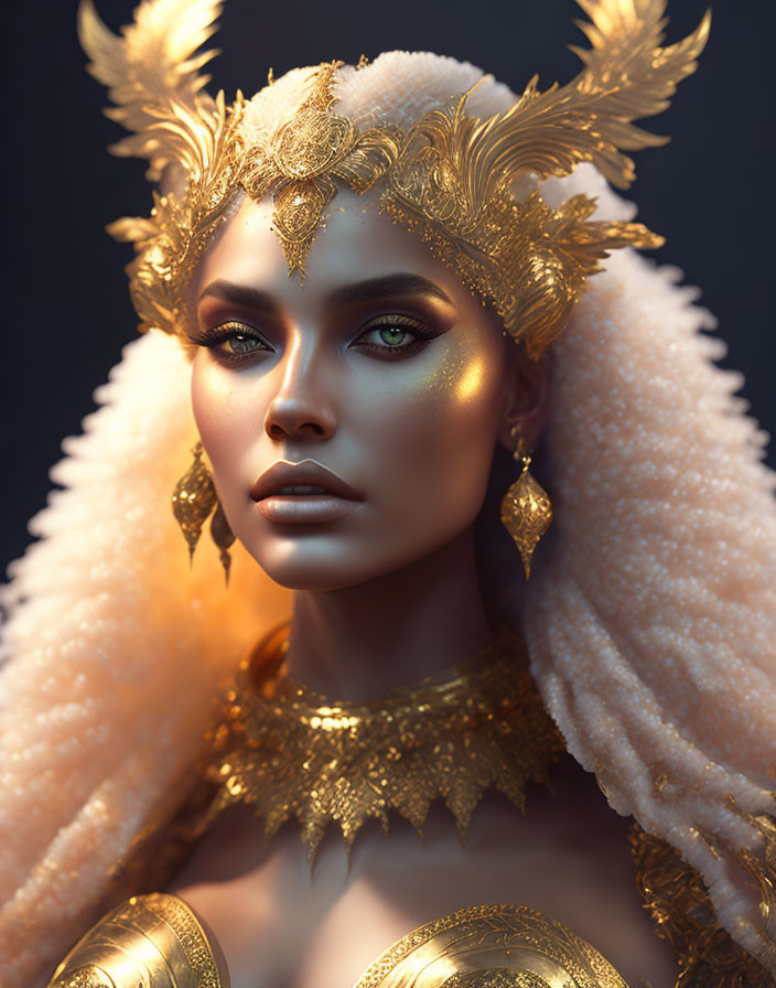 Regal Figure in Golden Headdress and Jewelry on White Fur