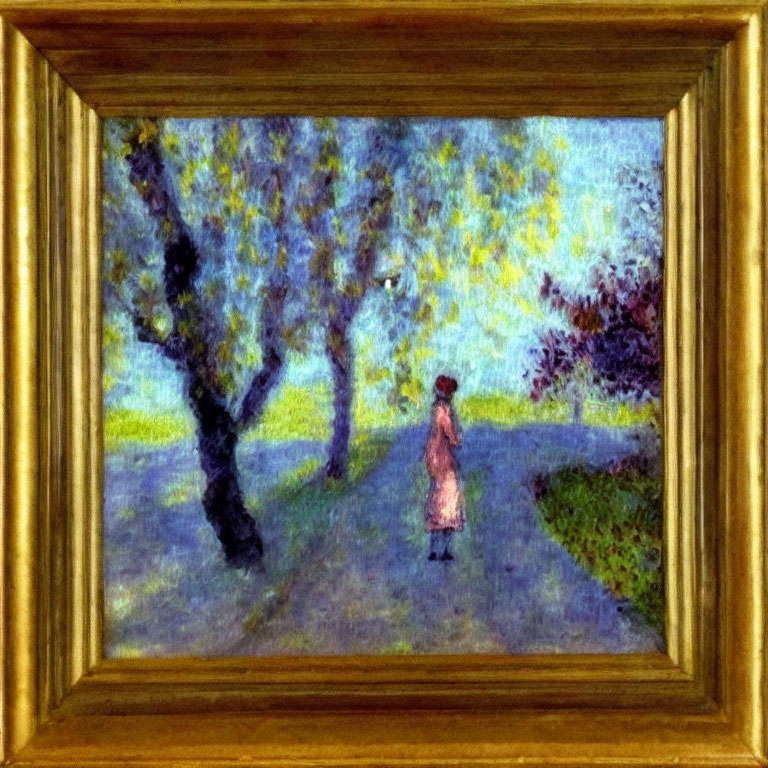 Impressionist painting of figure walking on lush tree-lined path