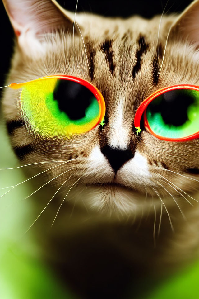Close-Up of Cat with Striking Yellow and Green Eyes in Bright Red and Yellow Frames