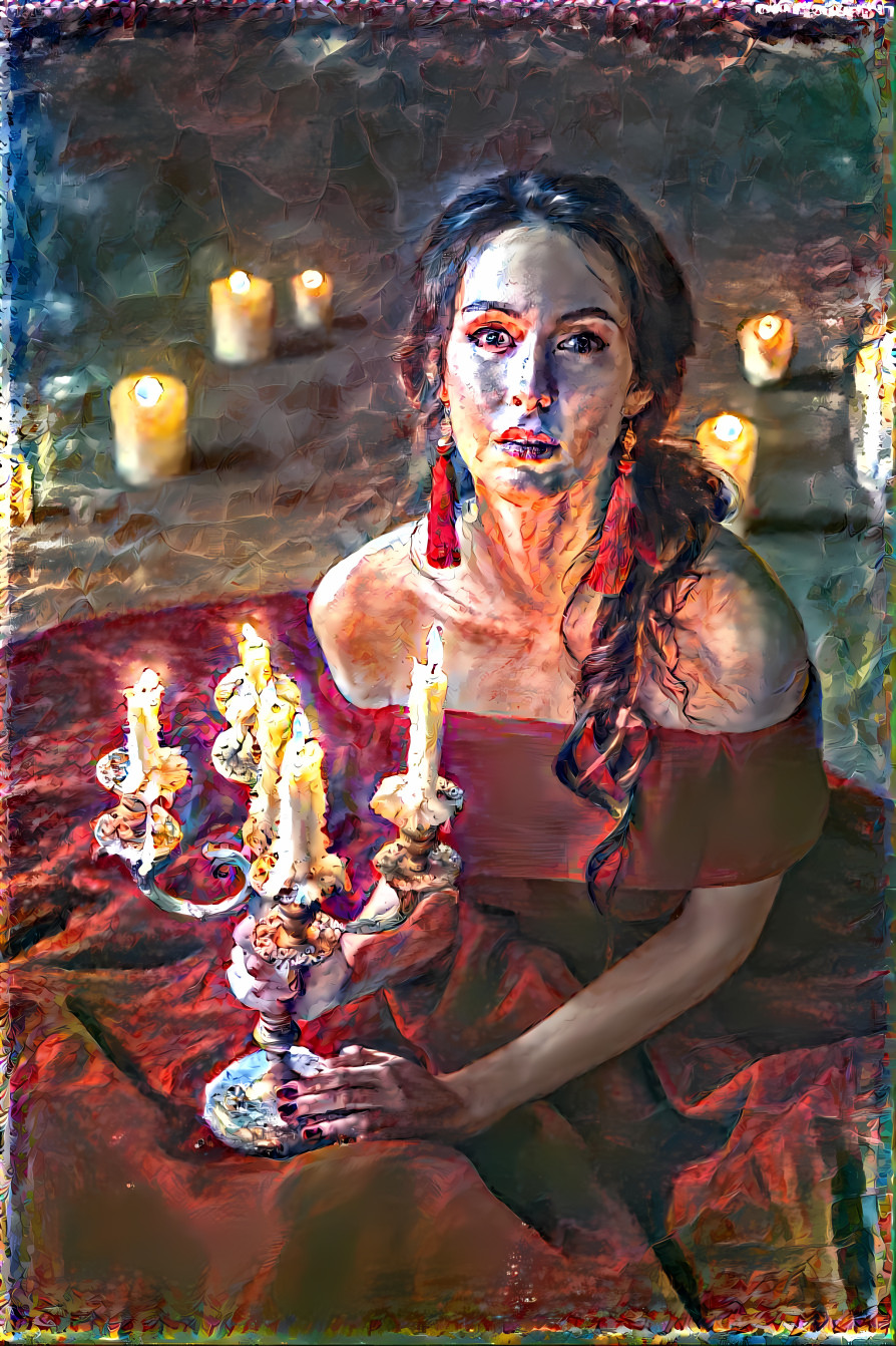 In a red dress with candles