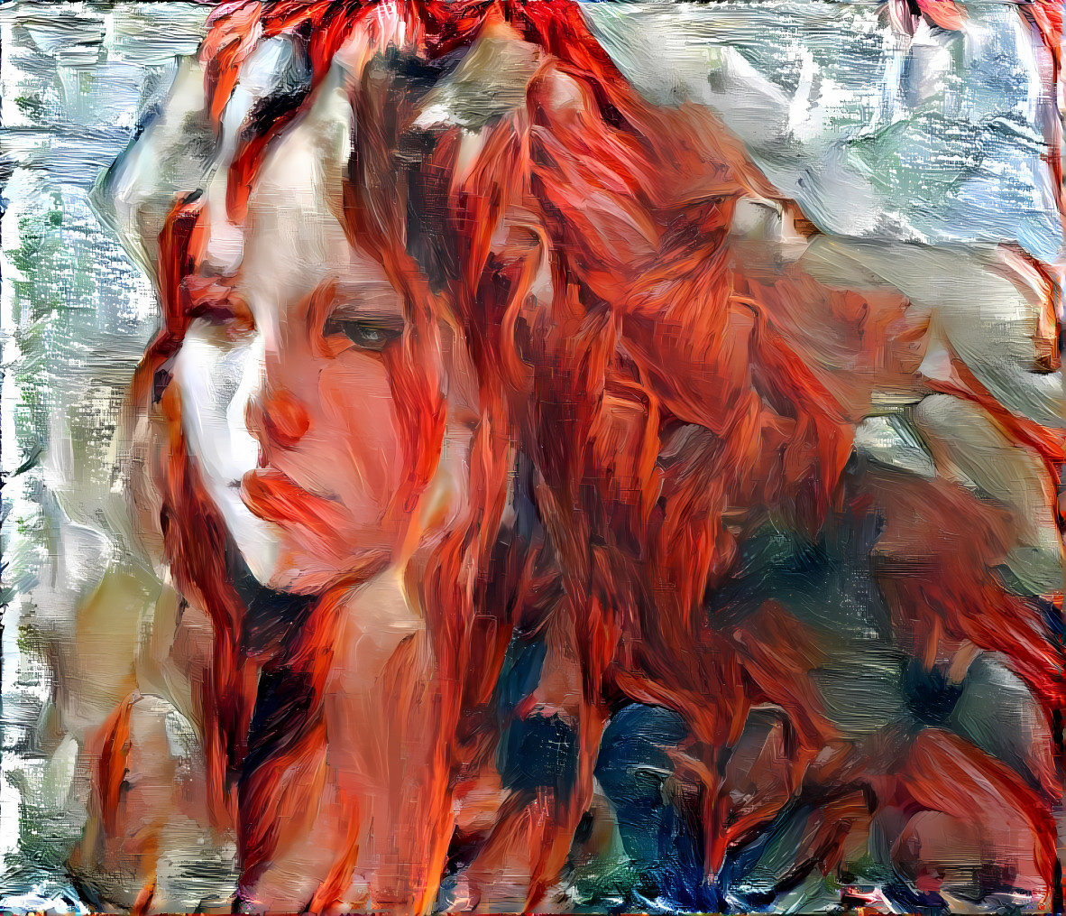 Sad red-haired curly girl