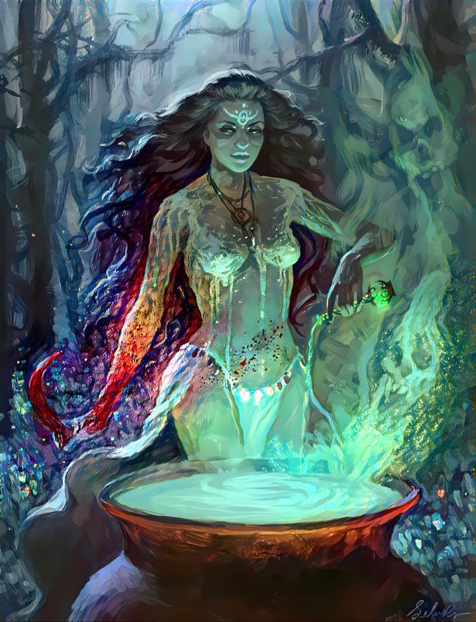 Witch pours a potion into a cauldron