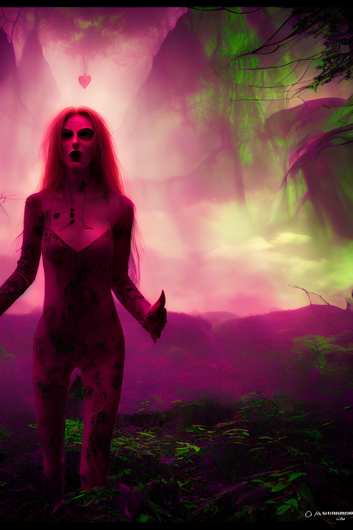 Blonde-haired tattooed woman in purple-lit fantasy forest with heart symbol