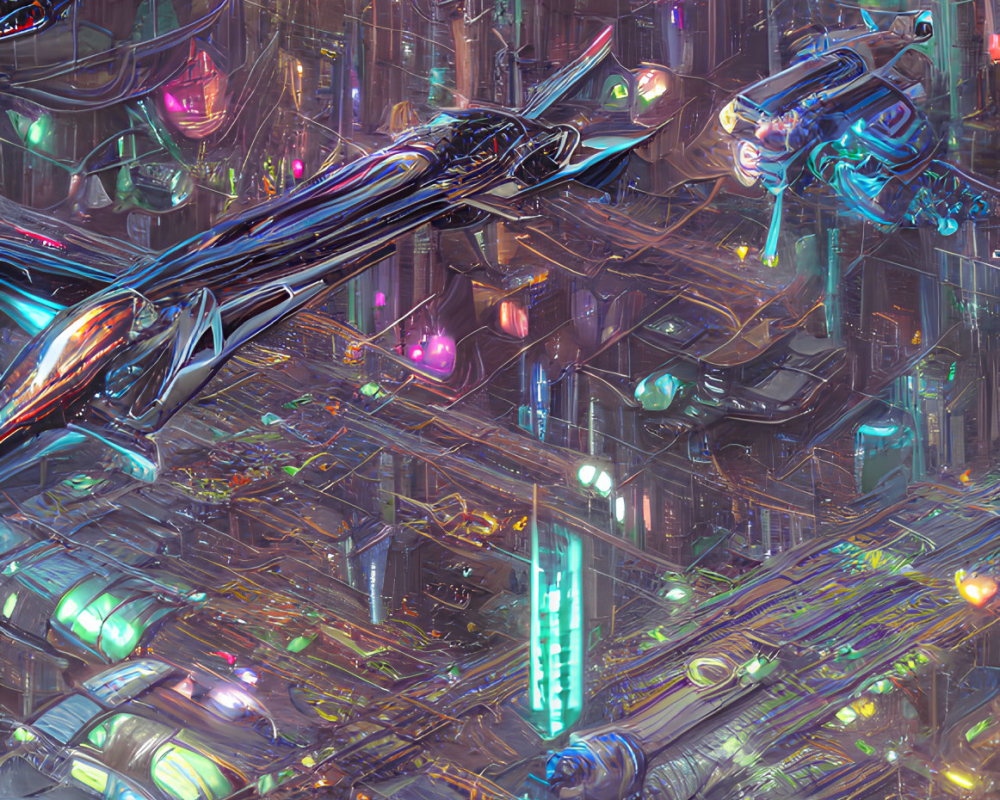 Neon-lit futuristic cityscape with flying vehicles