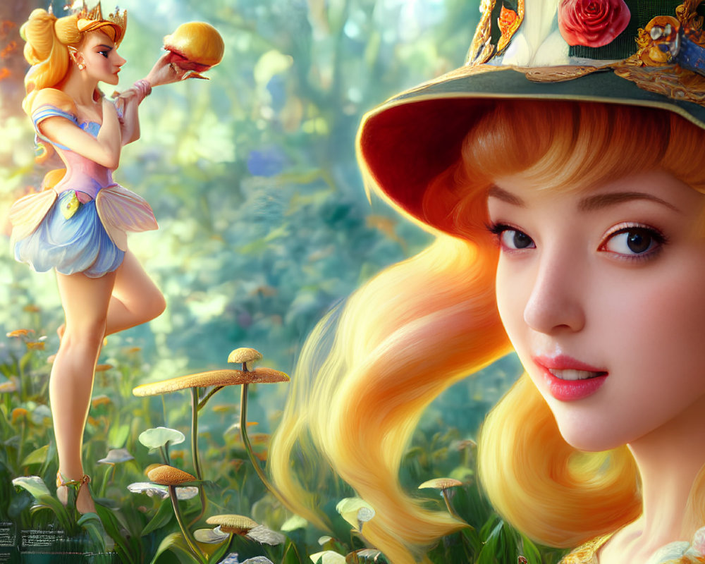 Blonde fairy with expressive eyes on mushroom with bird in enchanted forest