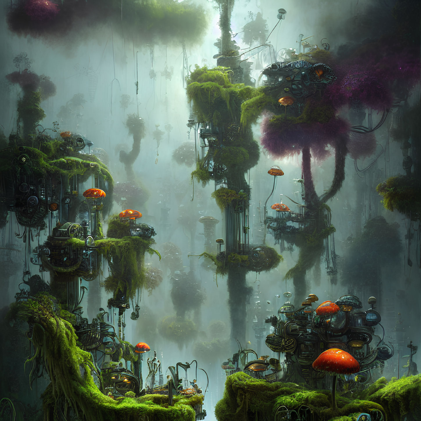 Futuristic forest with moss-covered structures, bioluminescent fungi, and advanced machinery