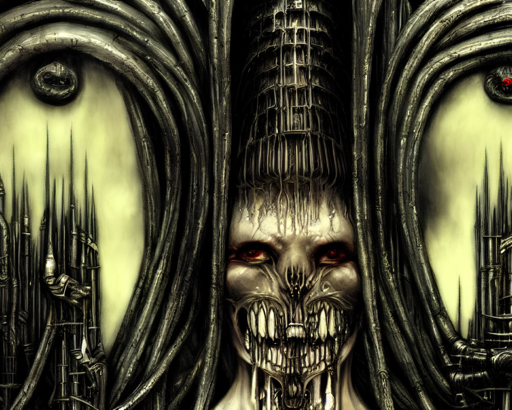 Sinister humanoid face with skeletal mouth and red eyes in dark, industrial landscape