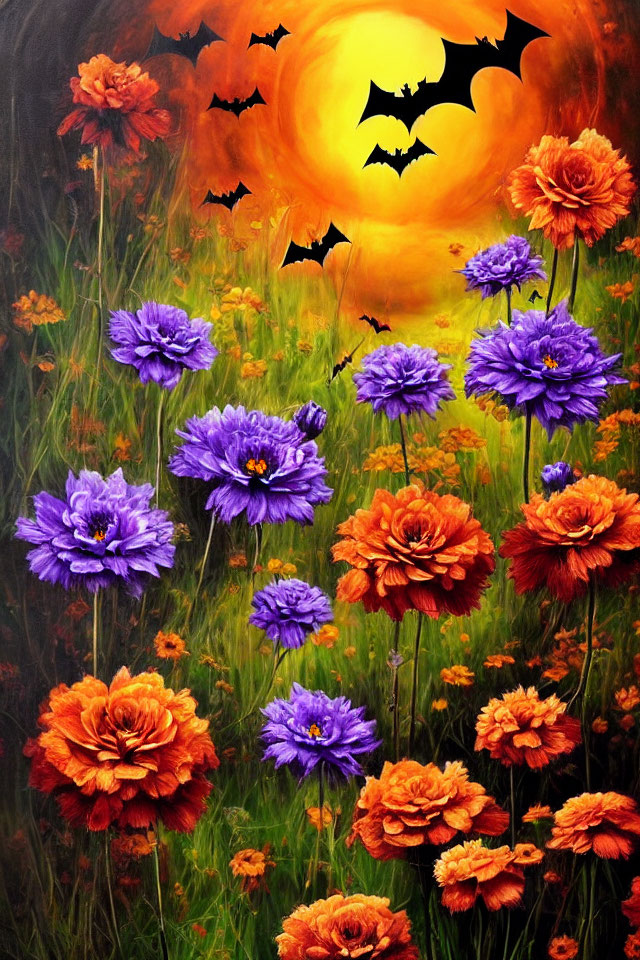 Orange and Purple Flower Painting with Bats and Full Moon