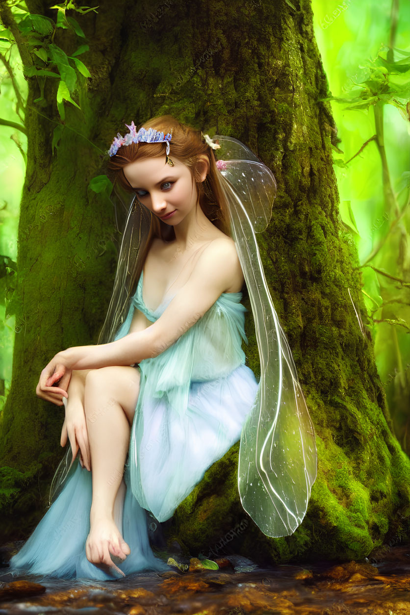 Fairy costume with translucent wings in lush woodland setting