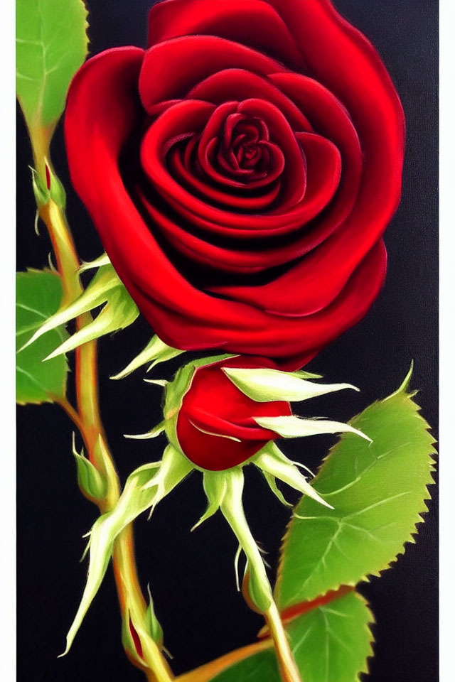 Detailed Red Rose with Green Thorns on Dark Background