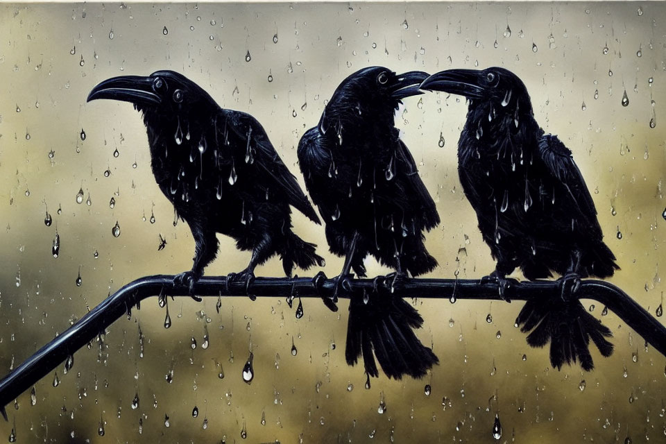 Three crows on a bar with raindrops on window.