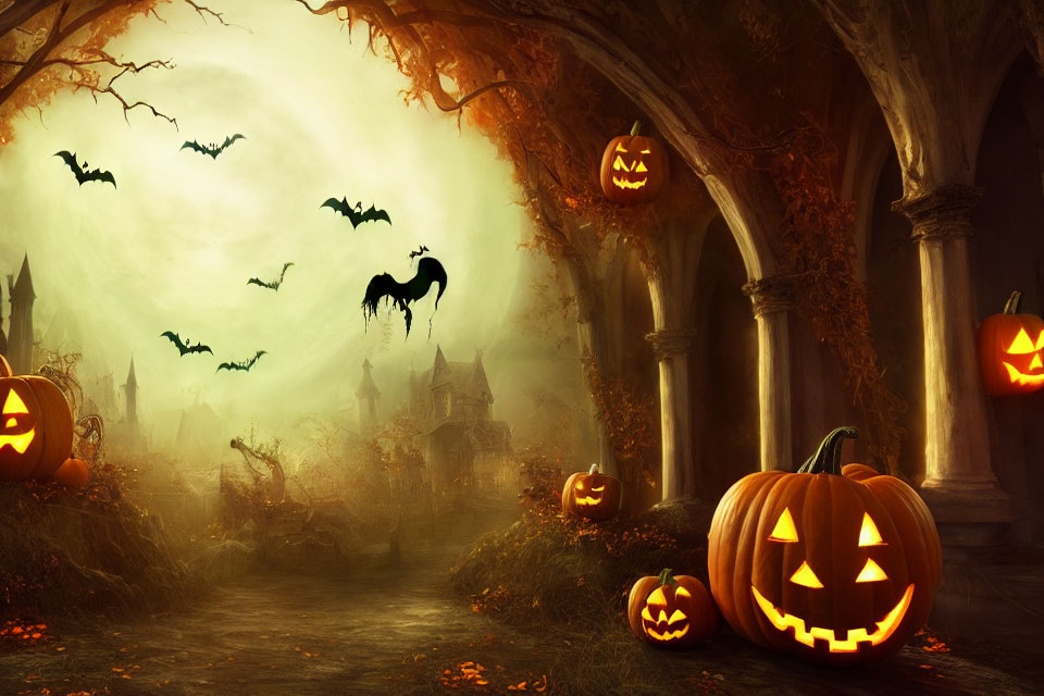 Spooky Halloween scene with jack-o'-lanterns, haunted house, bats, and full moon