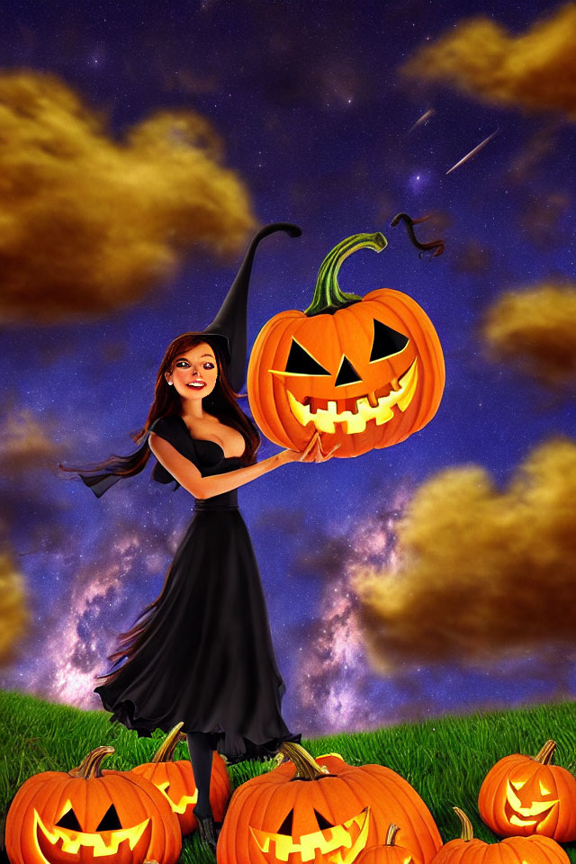 Animated witch in black dress with broom, smiling next to jack-o'-lantern