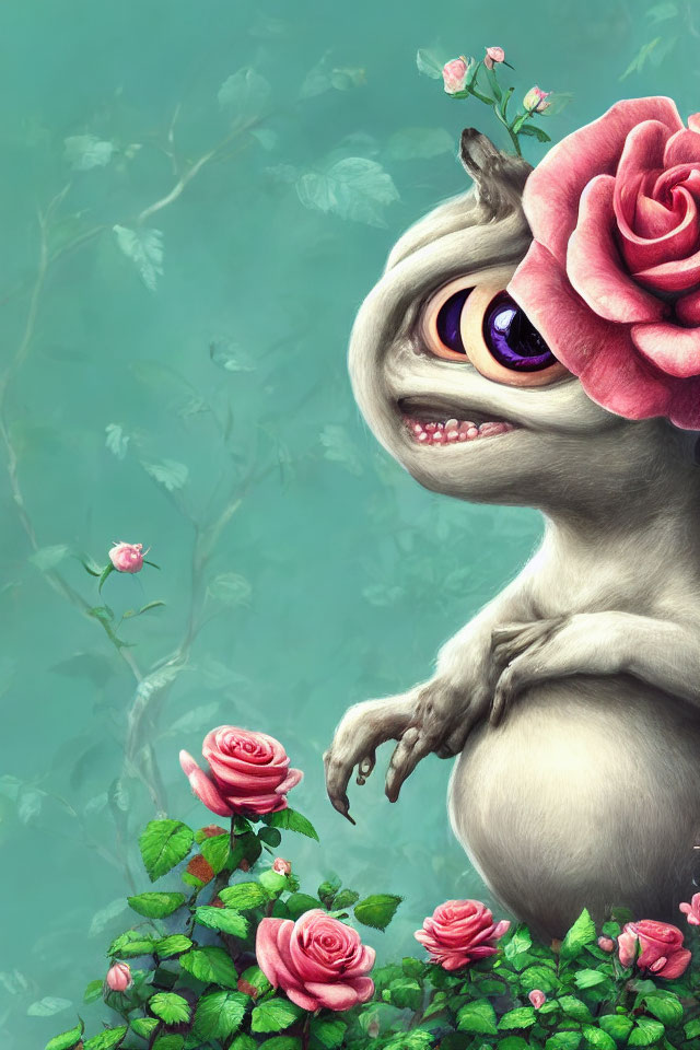 Whimsical creature with large eye and rose in a rose garden