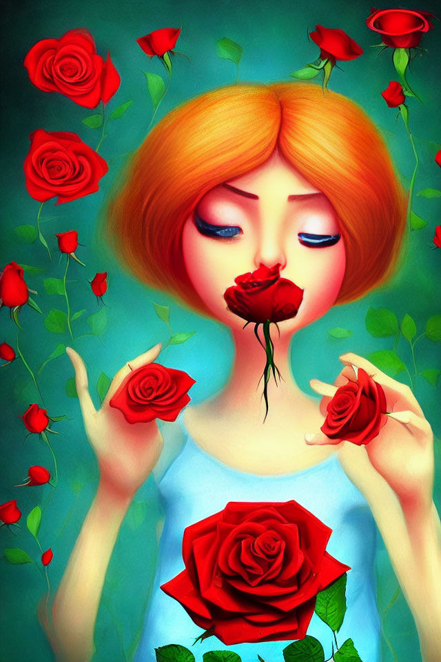 Vibrant illustration of person with orange hair and black rose surrounded by red roses on turquoise background