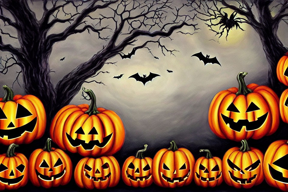 Spooky Halloween scene with jack-o'-lanterns, bats, and spider under moonlit sky