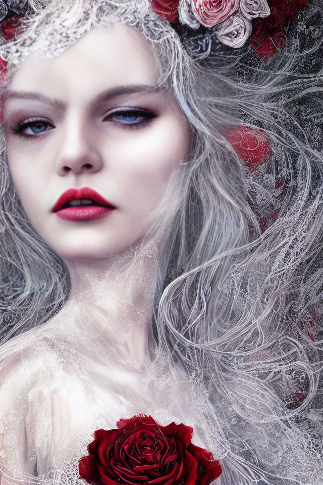 Pale woman with blue eyes, red lips, white hair, lace, and red roses in Gothic style