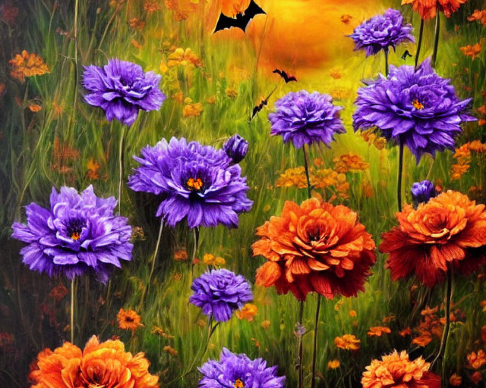 Orange and Purple Flower Painting with Bats and Full Moon