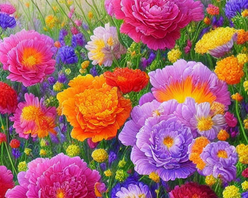 Assorted Vibrant Flowers in Purple, Orange, Yellow & Red Blooming on Soft Background