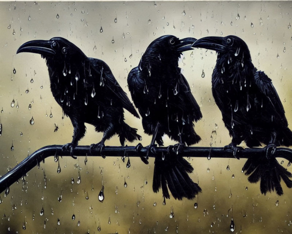 Three crows on a bar with raindrops on window.