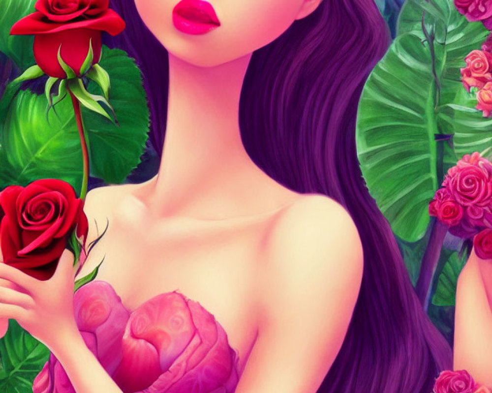 Illustrated Woman with Violet Hair Surrounded by Flowers and Smelling Red Rose