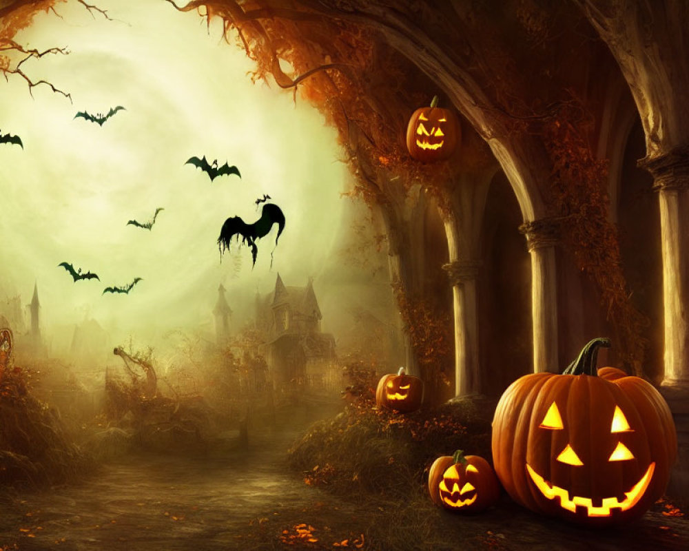 Spooky Halloween scene with jack-o'-lanterns, haunted house, bats, and full moon